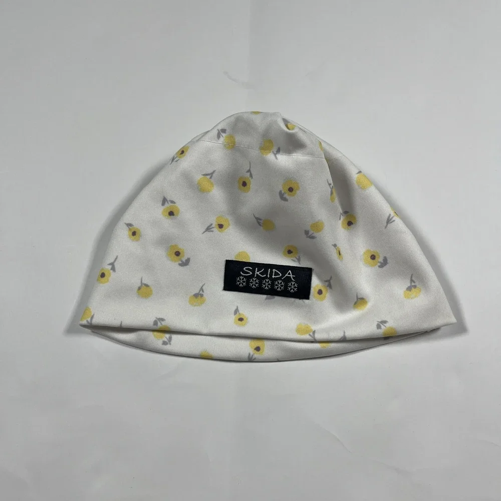 Baby Toddler Skida Hat-Fleece Lined Winter Beanie- White With Yellow Flowers